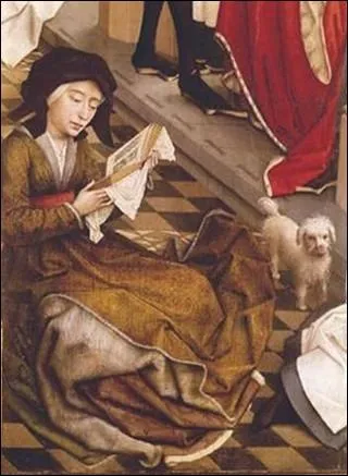 Femme lisant avec un chien, dtail des Sept Sacrements, 1445
