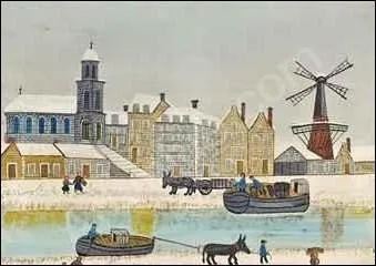 Ville au moulin prs du canal en hiver.