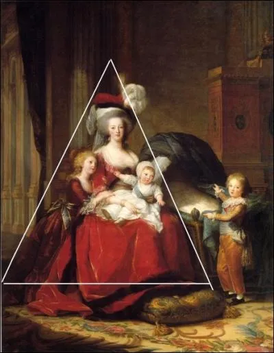 Le fond du tableau est un couloir vide donnant une ambiance lugubre. La reine est assise simplement sur un fauteuil. La composition du tableau est en triangle. C'est un style emprunt :