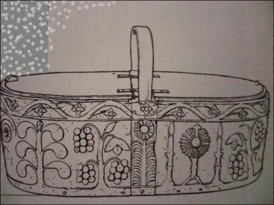 Voil un panier  couvercle, dcor de ceps de vigne styliss, de candlabres et d'un ostensoir. Il sert  la  leveuse  charge de rapporter des travaux de chez l'ouvrire.
