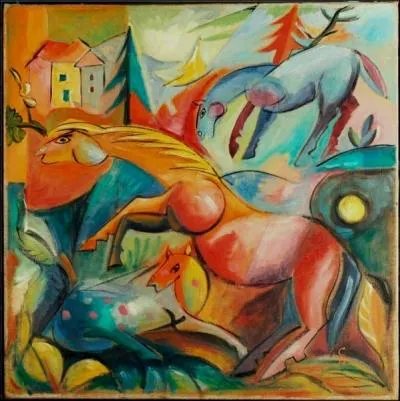 Paysage rouge avec des chevaux, 1915