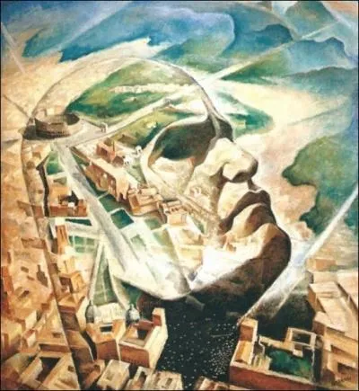 Ce portrait reprsente Mussolini sur fond de la nouvelle Rome fasciste. Il est peint par ...