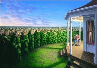 De Rob Gonsalves, peintre canadien né à Toronto en 1959. Que voyez-vous en place des fleurs de tournesols ?