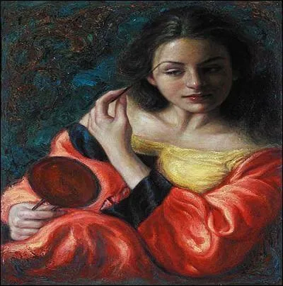 George Tsui naquit à Hong Kong. Il déménagea à New York où il étudia à l'École des arts visuels. Trouvez le titre du tableau peint à l'huile. Une belle se contemple ou contemple-t-elle ----.