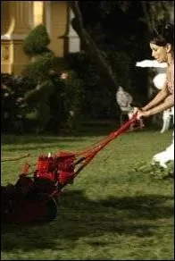 Quelle est la couleur de la robe de Gabrielle lorsqu'elle tond la pelouse ?