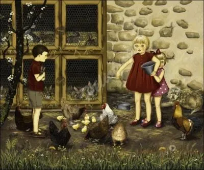 O se trouvent ces enfants distribuant la nourriture aux poules ?