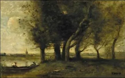 Barque  la rive au pied d'un groupe d'arbres.