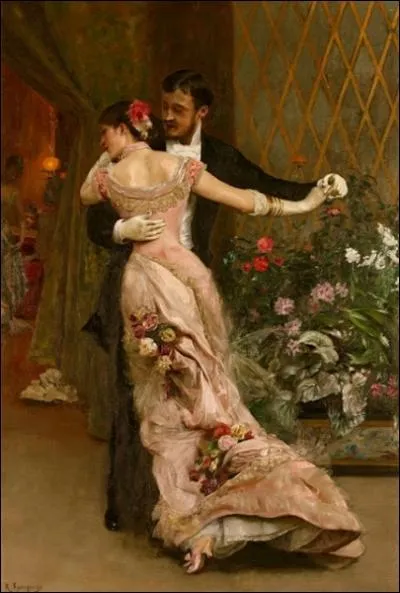 De Rogelio de Egusquiza (1845-1915) ,  La fin du bal . Ce tableau n'est pas trs connu alors juste pour le plaisir : quelle est la couleur de la fleur dans les cheveux de la femme ?