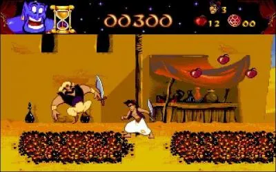 Driv d'un film de Disney, ce jeu d'action de 1994 tait prvu pour la Megadrive mais il a t adapt sur PC. Votre personnage doit faire face au terrible Jafar. Vous sautez, vous vous battez  l'pe et lancez des pommes. Quel est ce jeu ?
