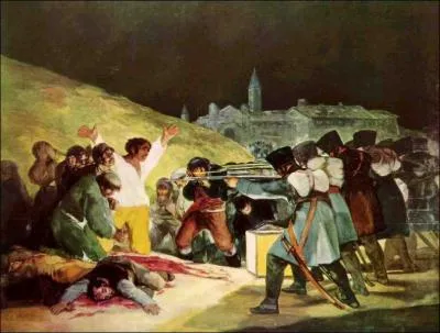 Ce clbre tableau voque les dbuts de l'insurrection espagnole. Le 3 mai, Murat fait procder  des excutions. La violence de la scne est caractrise par l'emploi de la couleur sans contours et un clairage dramatique. Qui est cet artiste majeur ?