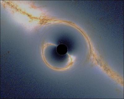 L'illustration montre les déformations, les courbes, liées à la présence d'un Trou noir. Sagittarius A, trou noir supermassif presqu'au centre de notre galaxie (à 28 000 années-lumière du Soleil, d'une taille d'environ 20 millions de km de diamètre ! ) est de quelle sorte ?