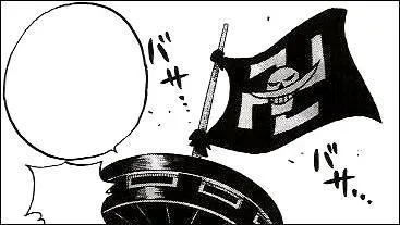 Non, non, vous vous trompez ! Ce n'est pas un dtail amusant mais sur le drapeau de l'quipage de Barbe Blanche, ce n'est pas une croix gamme mais un :