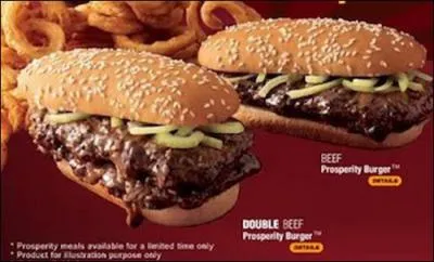 Attention, ici du lourd avec le  Prosperity Burger , qui ne donne franchement pas envie (buf, sauce au poivre, oignons). Mais pour les amateurs, rendez-vous :