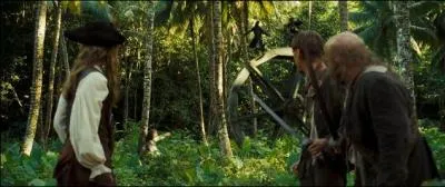 Quel vnement imprvu surprend Elisabeth Swann ainsi que les insparables pirates Pintel et Ragetti pendant que ces derniers regardent le duel entre les trois hommes depuis une roue  eau ?