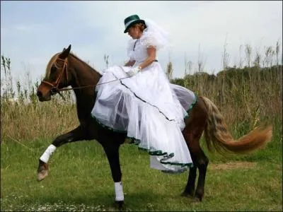 Comment cette dame monte-t-elle son cheval ?