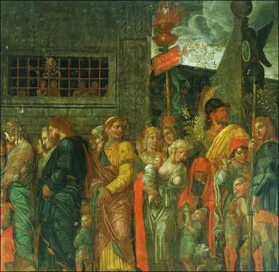 Quel personnage proche de Cloptre y assiste aussi, mais harnach de chanes, dans le dfil lui-mme ?