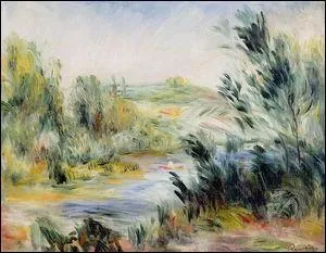 Les berges d'une rivire, rameur dans un bateau.