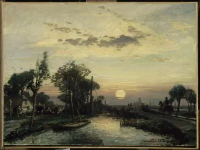 Coucher de soleil sur un cours d'eau avec un cavalier sur la berge.