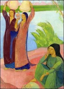 Trois femmes sur les berges d'une rivire.