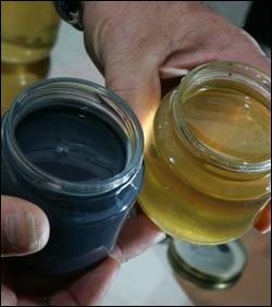 Du miel  schtroumpf  ! En 2012, des apiculteurs de... ont récolté du miel bleu, vert ou violet :