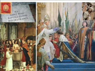 Clovis est baptis dans sa cathdrale par Saint-Rmi le 25 dcembre 496. Selon la lgende, Saint-Rmi oint Clovis avec la Sainte Ampoule, dlivre par un ange sous les traits d'une colombe. Depuis cette date, les rois de France, sauf Henri IV, sont sacrs dans la  cit des sacres  ou  cit des rois , situe en Champagne. C'est :
