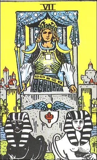 L'arcane n7 s'appelle  Le chariot . Cette lame est trs positive et synonyme d'avancement des choses. Encore un homme, mais jeune cette fois, en pleine action, juch sur un char et qui tient dans sa main un sceptre. Pourquoi en main droite ?