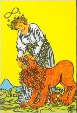 La lame n11 se nomme  La force . reprsente une femme qui ouvre la gueule d'un lion. Cette carte est la seule qui n'a pas de dcor ni de fond. Pourquoi ?