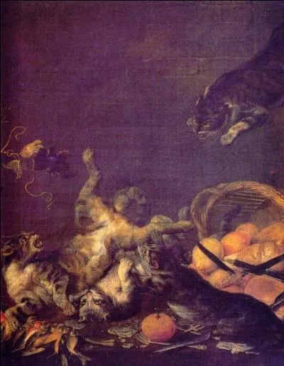 Quel peintre flamand du baroque a signé cette 'bagarre de chats dans la cuisine' ?