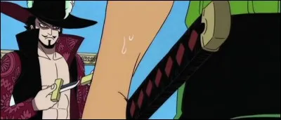 Épisode 24 - Finalement, lors de leur première confrontation, Mihawk n'aura même pas pris la peine de dégainer Kokutō Yoru (le grand sabre qu'il porte dans son dos) une seule fois.