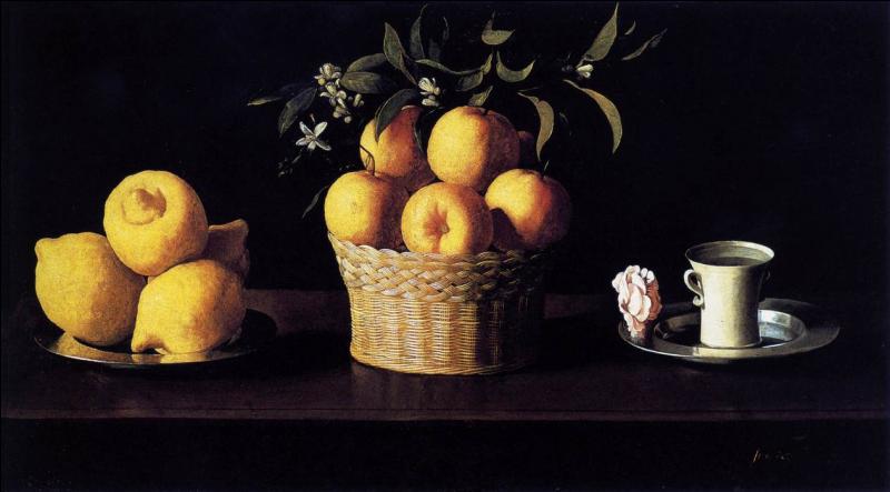  Plat de citrons et tasse avec une rose  (1633), est l' oeuvre d'un peintre espagnol du Siécle d'Or, ami de Vélasquez, qui est-il ?