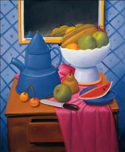  Nature morte  la cafetire bleue , oeuvre d'un peintre aquarelliste et sculpteur, n en 1932, rput pour ses personnages aux formes gnreuses :