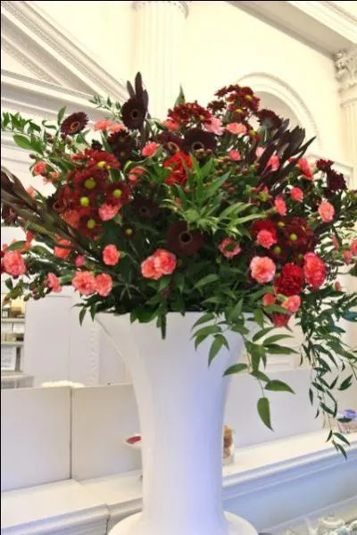 Voici un trs beau bouquet d'une grande richesse et harmonie de couleurs. Au mileu des feuillages pointus et des oeillets saumonns, quelles sont les fleurs d'un rouge fonc profond ?