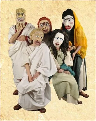 Les acteurs n'hsitent pas  porter des perruques et  se maquiller de couleurs vives. Et ds le premier sicle avant J-C apparaissent .....