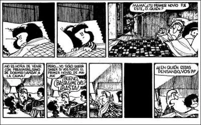 Devinez, devinez... un autre petit effort, l'espagnol est accessible aussi ! Quel est le sujet épineux de la question que pose Mafalda à son père sur les vignettes de la première scène en haut et qui finit par lui gâcher la nuit de repos ?