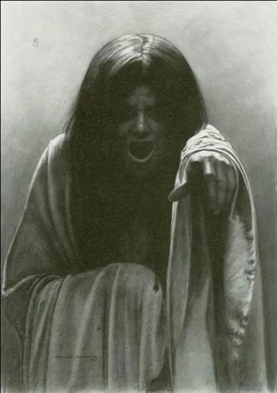 Cette silhouette aux longs cheveux noirs, angoissante, de Carlos Schwabe, rappelle tout  fait l'hrone silencieuse mais trs effrayante de... ?