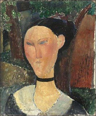 Quel peintre dont la particularité est de représenter des visages aux formes étirées, a représenté cette  Femme au ruban de velours  ?