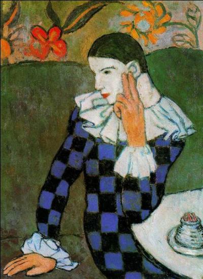 Il a représenté de nombreuses fois Pierrot et Arlequin , sur une période allant de 1900 à 1971. Cet  Arlequin accoudé  a été réalisé en 1901, pendant sa  période bleue  Qui est ce peintre ?