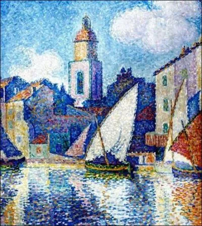 Dcouvrant Saint-Tropez en 1892, il y loue, puis achte une villa  La Hune . Ce peintre pointilliste reprsentera alors exclusivement les paysages du petit port varois comme ce clocher...