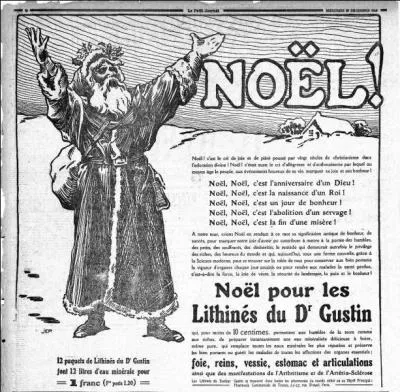 La page de journal Le Petit Parisien présente un article relatant le réveillon de Noël à Paris, le 25 décembre 1912. Que sont les "Lithinés du Dr Gustin" dont la publicité vante les mérites ?