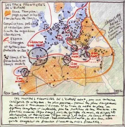 À quoi sert la nouvelle frontière de l'Europe cartographiée ci-contre par Philippe Rekacewicz ?
(cliquez sur la carte pour l'agrandir)