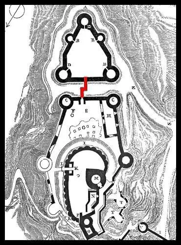  quoi servait la passerelle en chicane entre le chtelet et la premire enceinte du chteau ? (qui est en rouge sur ce plan de Chteau-Gaillard).