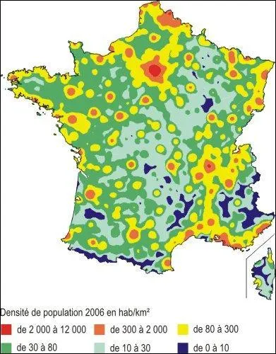 Cette carte de France montre les zones d'habitation, des moins habites (en bleu), aux plus habites (en rouge). Comment appelle-t-on ce type de carte ?