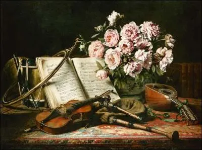 De qui est cette nature morte avec instruments de musique et pivoines ?