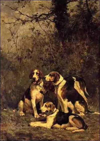 Huile du mme artiste. Remarquez, comme chacun de ces chiens reflte bien sa race, son caractre propre, sa physionomie particulire, sa finesse, sous son pinceau. Que sont ces beaux spcimens ?