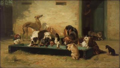  Table d'htes  la maison des chiens est une huile sur toile peinte par un artiste anglais n en 1851.