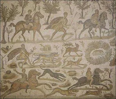 Cette scne de chasse reprsente les diffrents pisodes d'une chasse aux livres. Quels chiens sont  leur poursuite, au premier plan ?