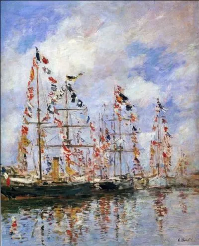 Dans cette peinture classique, les beaux voiliers sont dvoils, mais les fanions et drapeaux les ornent grcieusement. On se croirait  la Fte ... de Rouen. Qui est l'auteur, habitu des scnes maritimes, de cette oeuvre ?