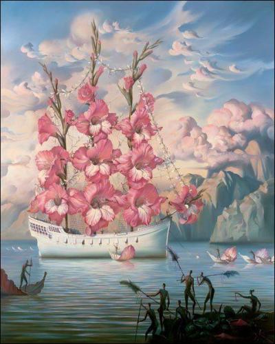 Il faut tre un artiste pour transformer ainsi les voiles du bateau en brasse de fleurs. C'est Vladimir Kush qui a peint ce bateau-fleur, compos de... ?