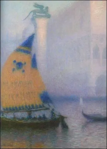 C'est une voile bien trange qu'a peinte Lucien Lvy-Dhurmer, pour ce tableau dans la brume,  Venise. Que distingue-t-on sur la voile ?