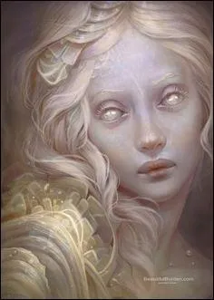 Ce visage onirique, mais galement un peu effrayant, fait penser  un personnage de film. Le tableau de Jennifer Healy est titr Golden lie (Mensonge dor), mais il fait penser ... ?